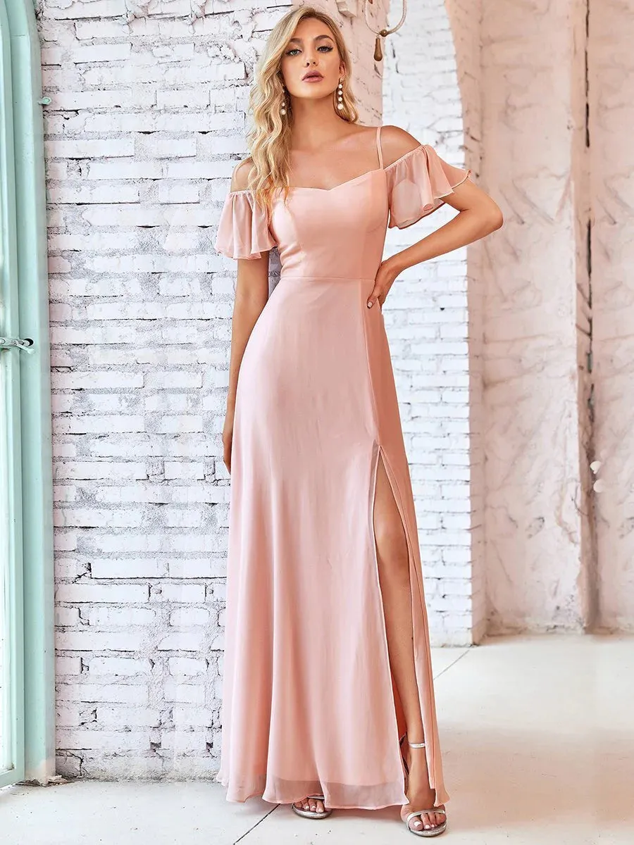 Off-Shoulder Ruffle Sleeve Thigh Slit Bridesmaid Dress