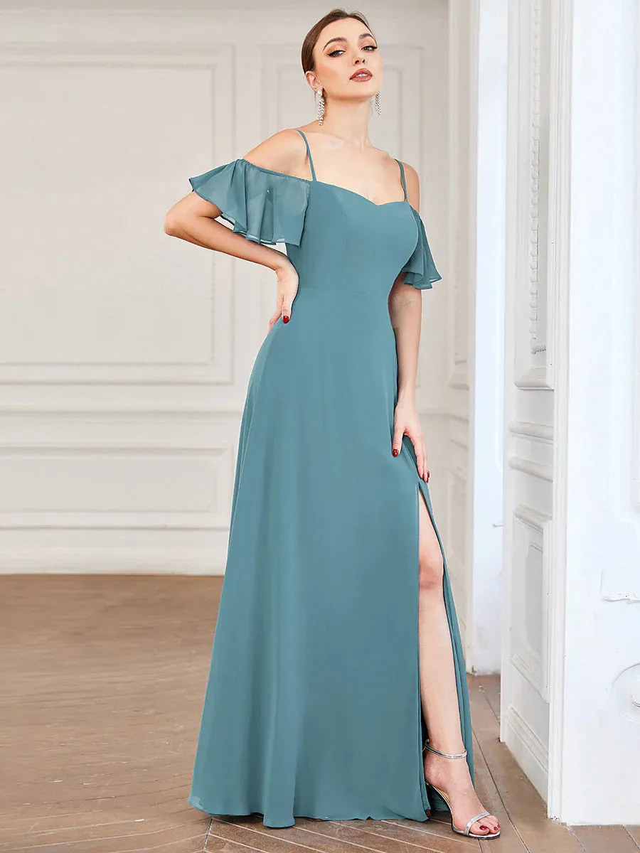 Off-Shoulder Ruffle Sleeve Thigh Slit Bridesmaid Dress