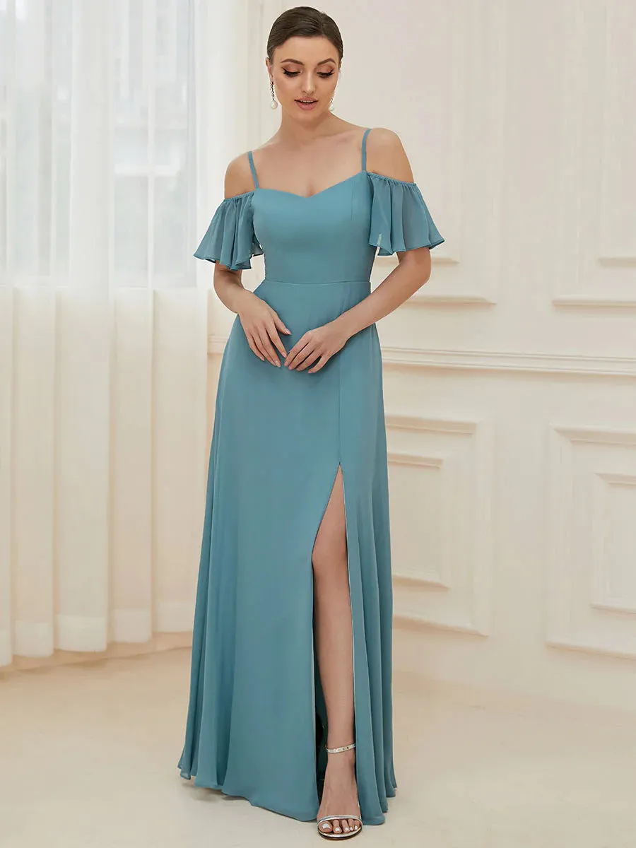 Off-Shoulder Ruffle Sleeve Thigh Slit Bridesmaid Dress