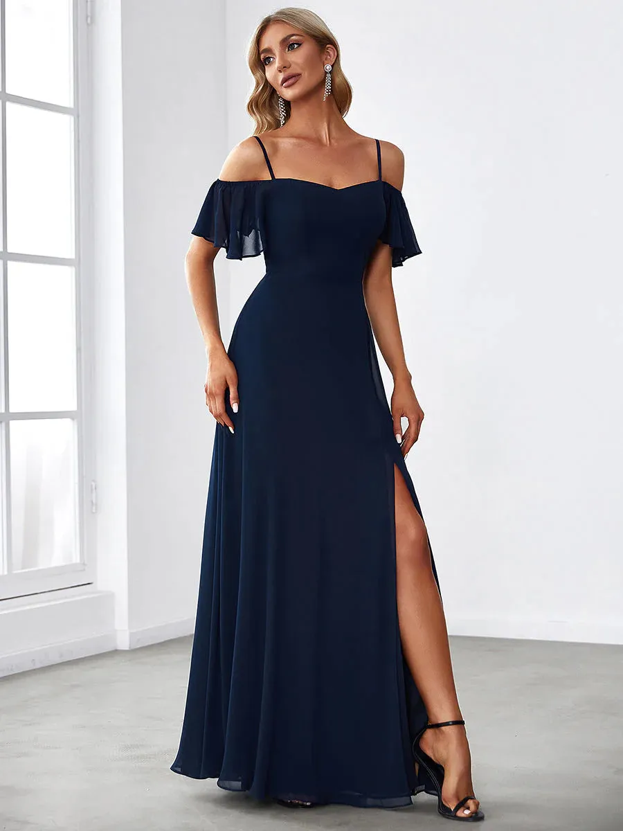 Off-Shoulder Ruffle Sleeve Thigh Slit Bridesmaid Dress