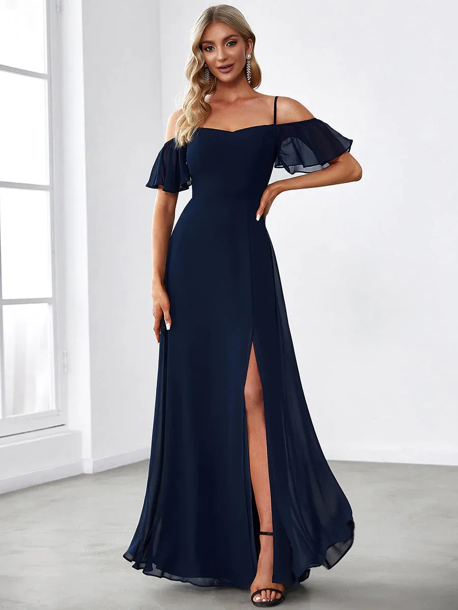 Off-Shoulder Ruffle Sleeve Thigh Slit Bridesmaid Dress