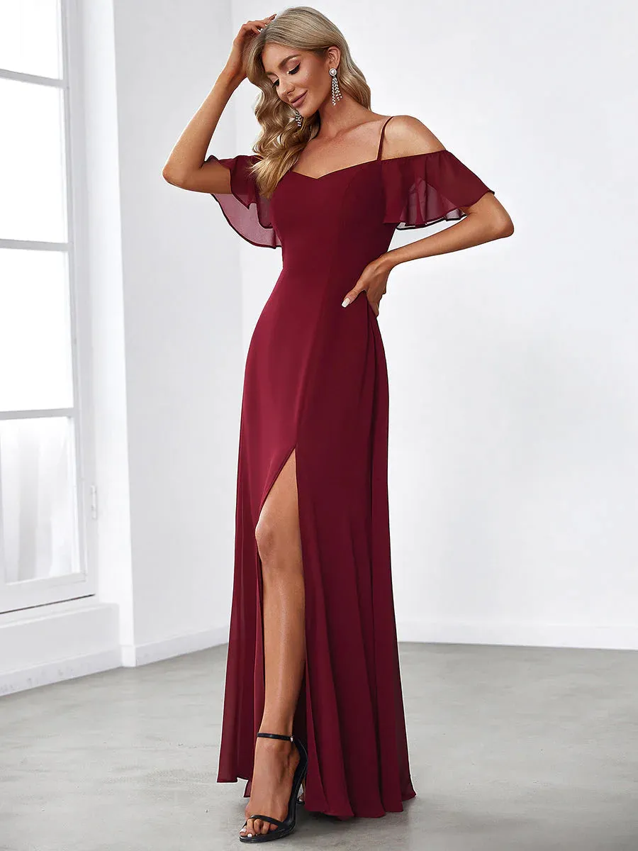 Off-Shoulder Ruffle Sleeve Thigh Slit Bridesmaid Dress