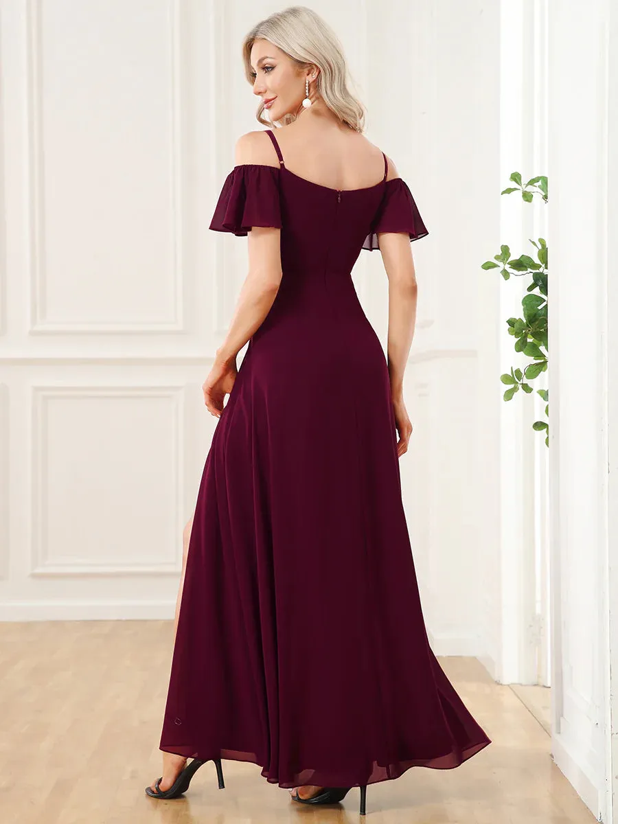 Off-Shoulder Ruffle Sleeve Thigh Slit Bridesmaid Dress