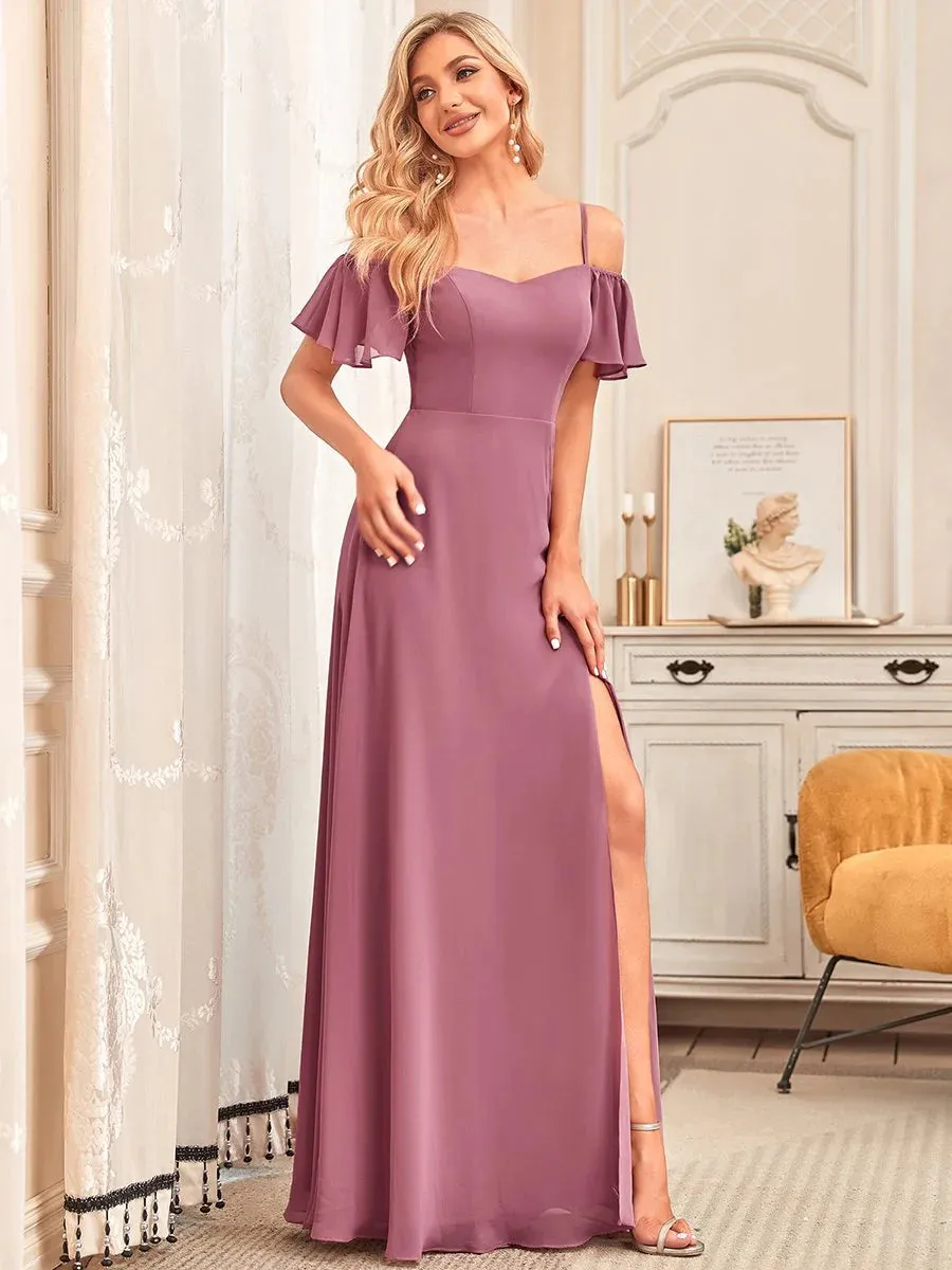 Off-Shoulder Ruffle Sleeve Thigh Slit Bridesmaid Dress