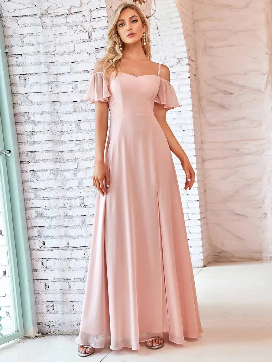 Off-Shoulder Ruffle Sleeve Thigh Slit Bridesmaid Dress