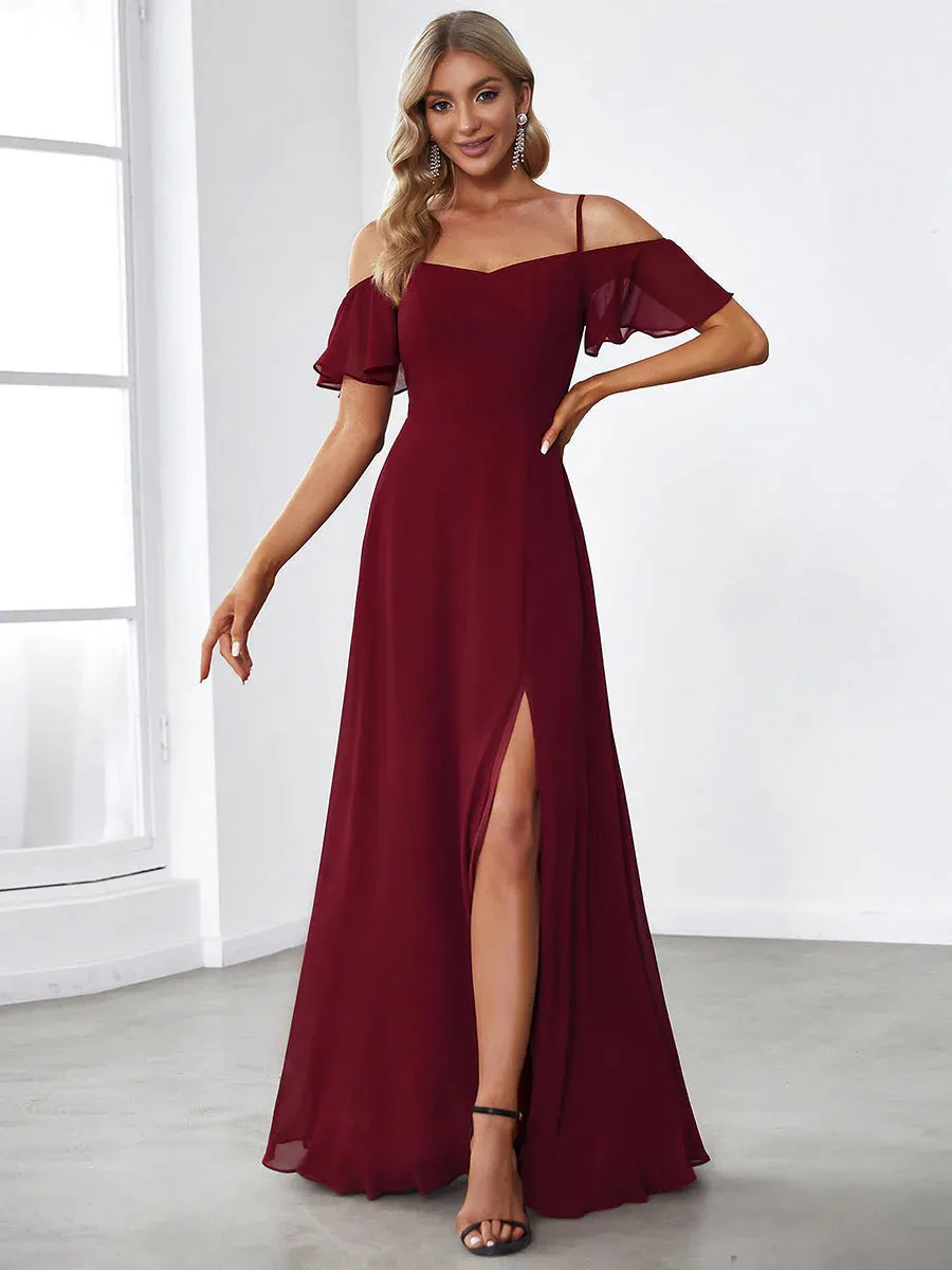 Off-Shoulder Ruffle Sleeve Thigh Slit Bridesmaid Dress