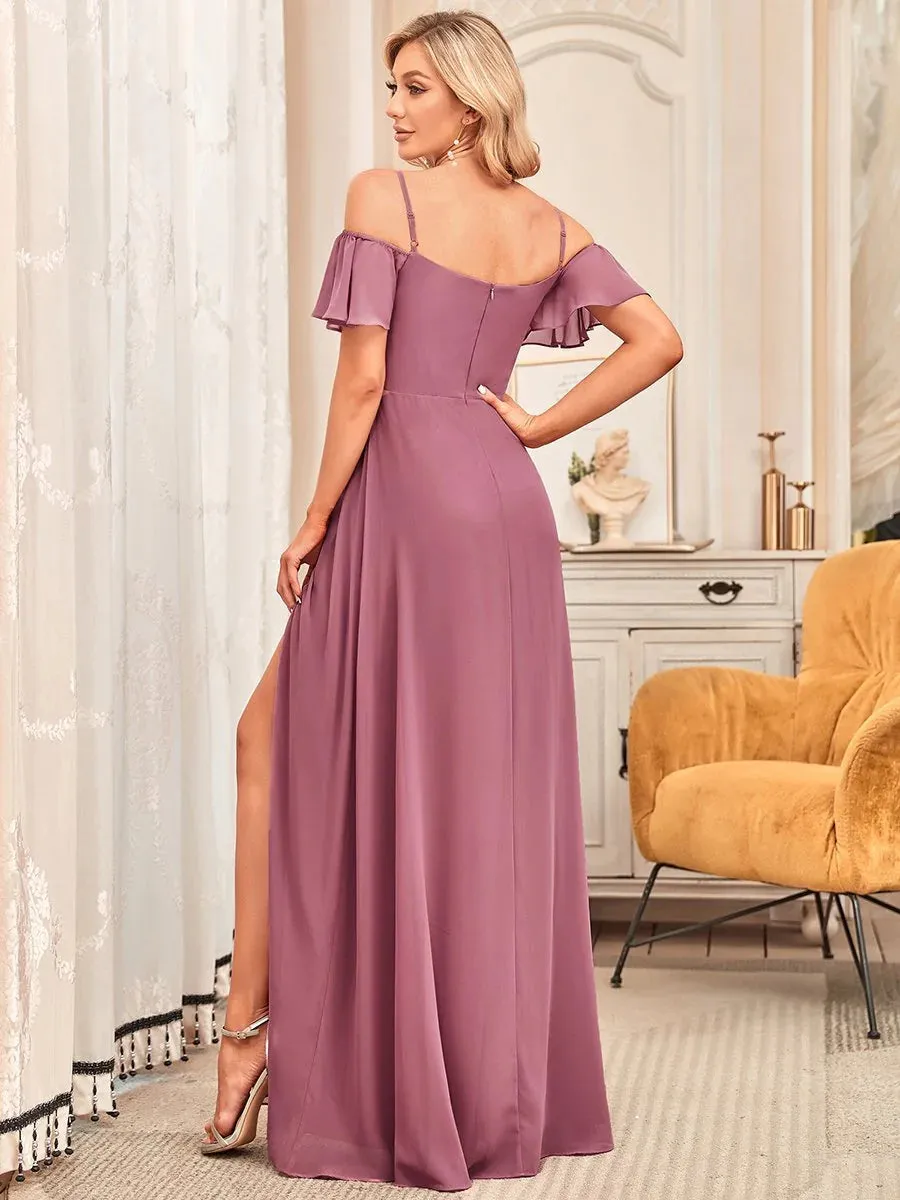 Off-Shoulder Ruffle Sleeve Thigh Slit Bridesmaid Dress