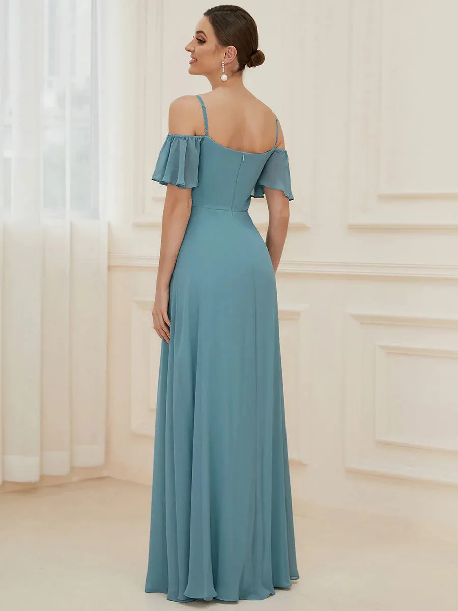 Off-Shoulder Ruffle Sleeve Thigh Slit Bridesmaid Dress