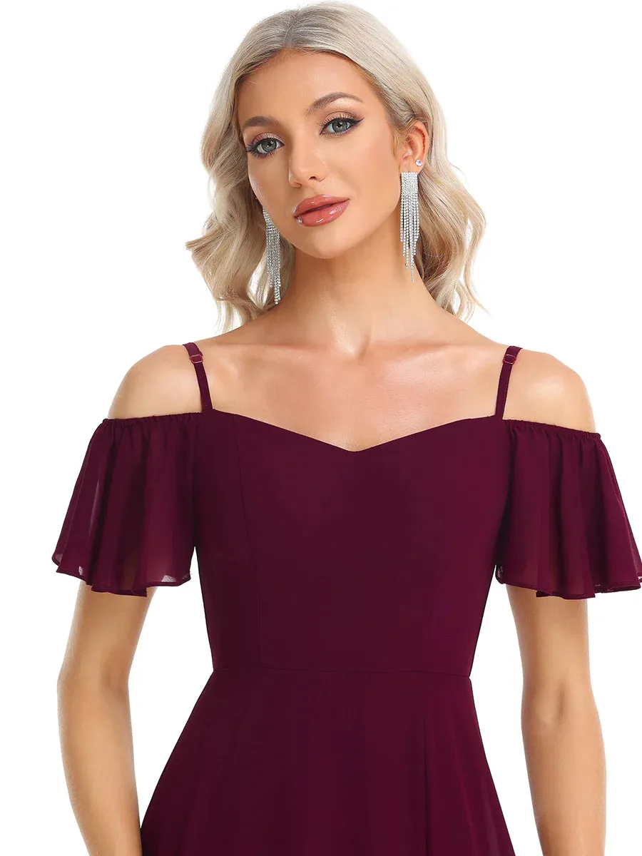 Off-Shoulder Ruffle Sleeve Thigh Slit Bridesmaid Dress