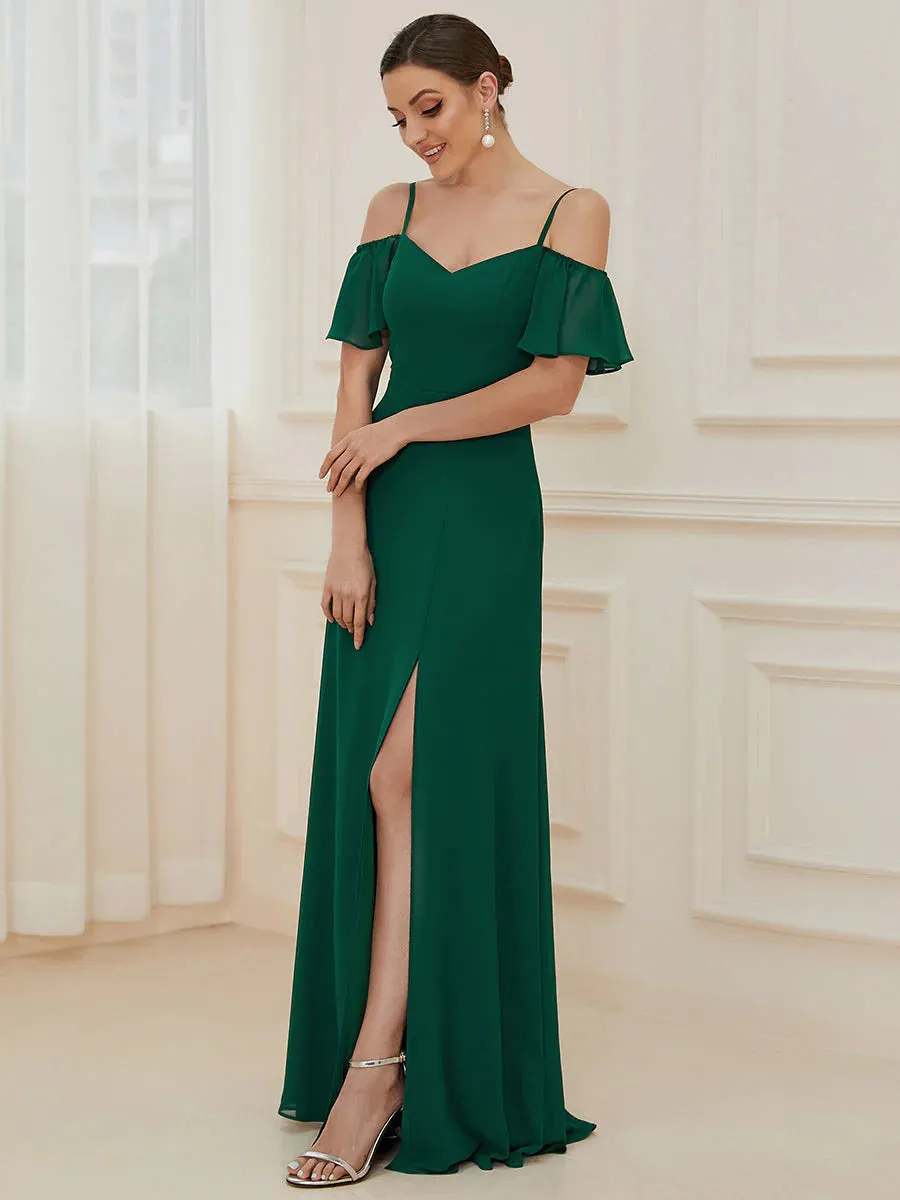 Off-Shoulder Ruffle Sleeve Thigh Slit Bridesmaid Dress