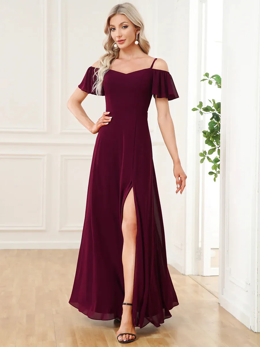 Off-Shoulder Ruffle Sleeve Thigh Slit Bridesmaid Dress