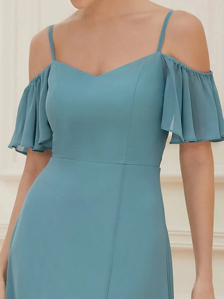 Off-Shoulder Ruffle Sleeve Thigh Slit Bridesmaid Dress