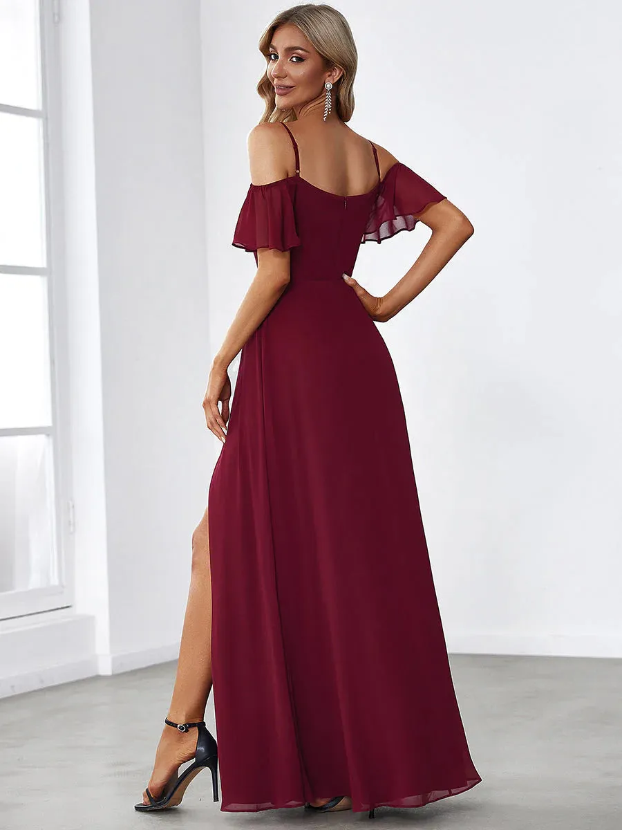 Off-Shoulder Ruffle Sleeve Thigh Slit Bridesmaid Dress