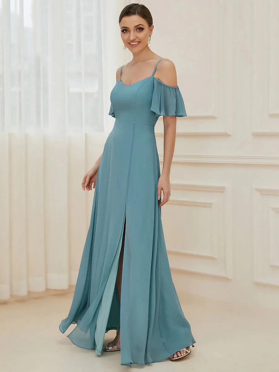 Off-Shoulder Ruffle Sleeve Thigh Slit Bridesmaid Dress