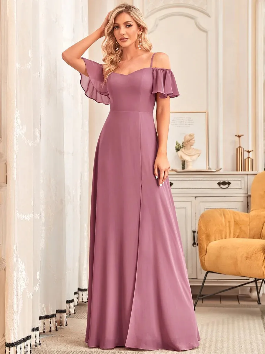 Off-Shoulder Ruffle Sleeve Thigh Slit Bridesmaid Dress