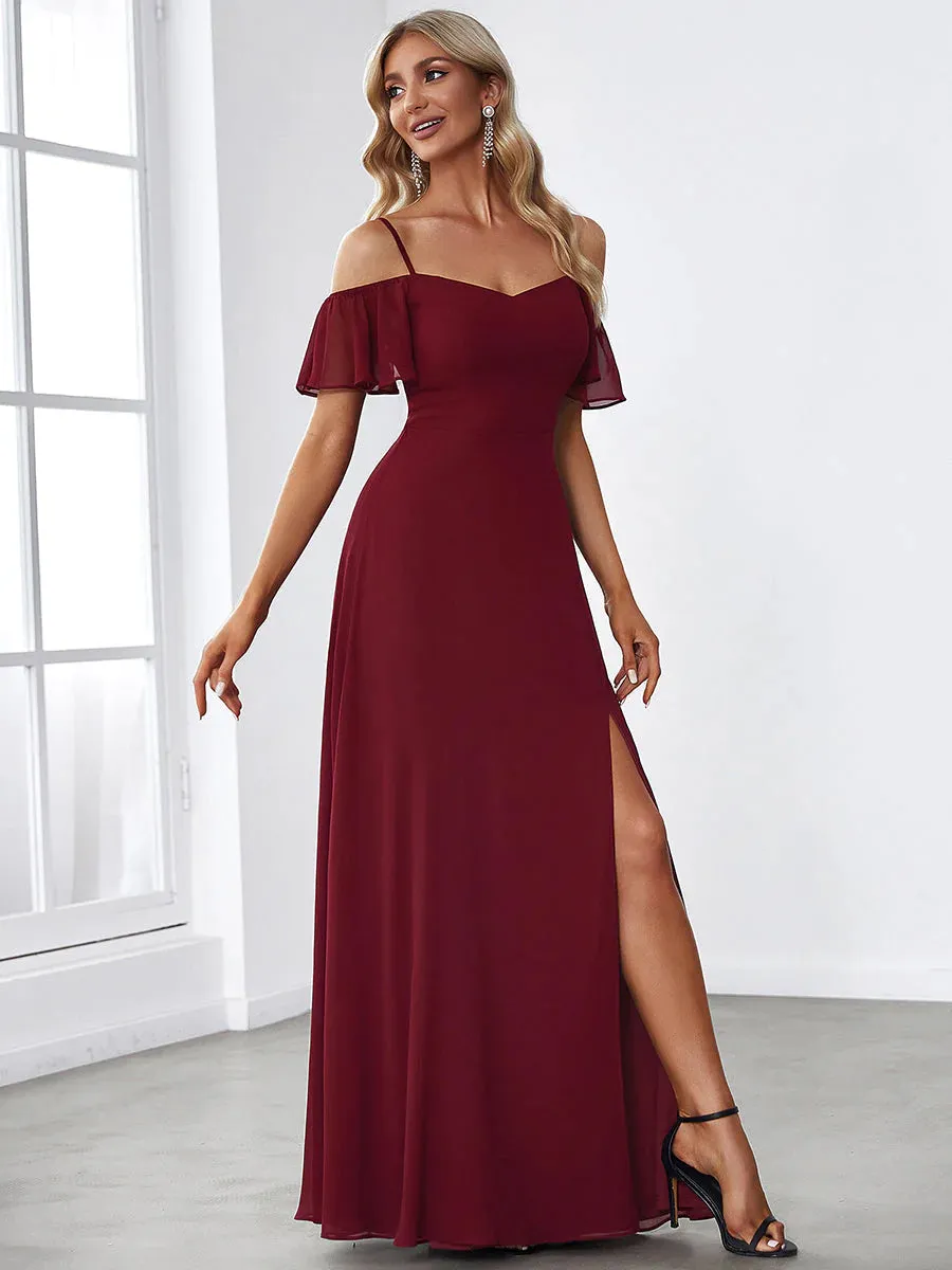 Off-Shoulder Ruffle Sleeve Thigh Slit Bridesmaid Dress