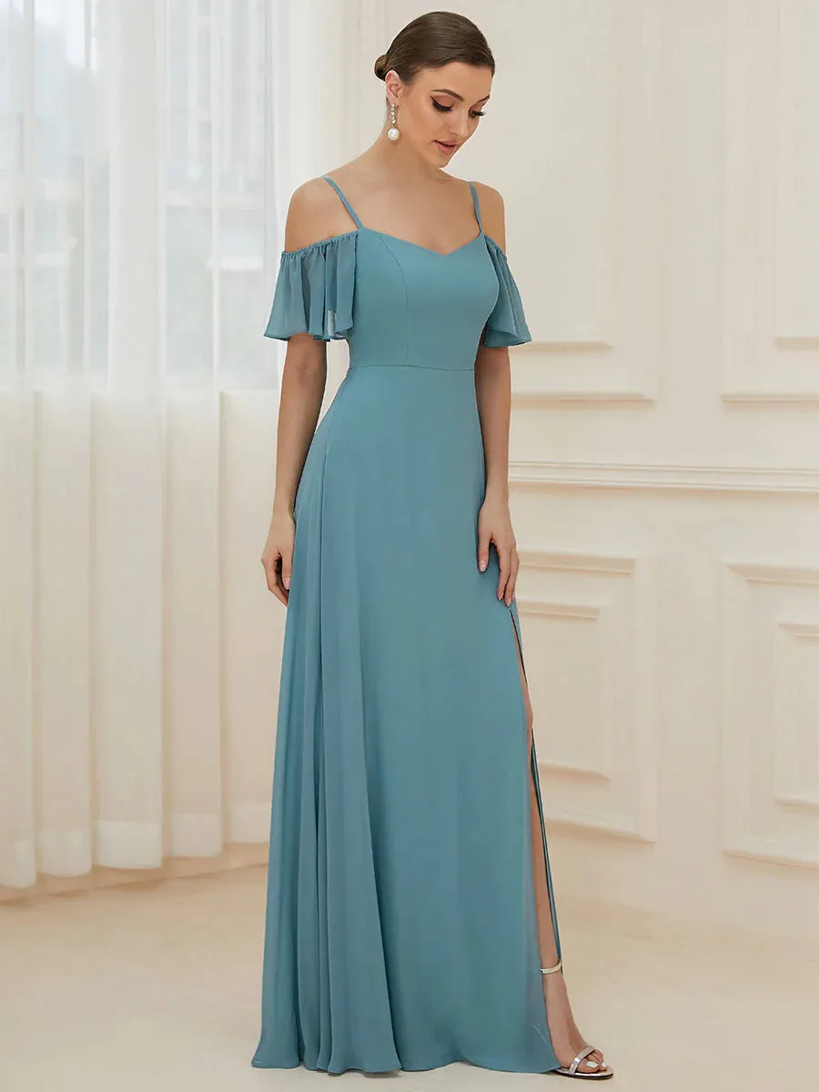 Off-Shoulder Ruffle Sleeve Thigh Slit Bridesmaid Dress