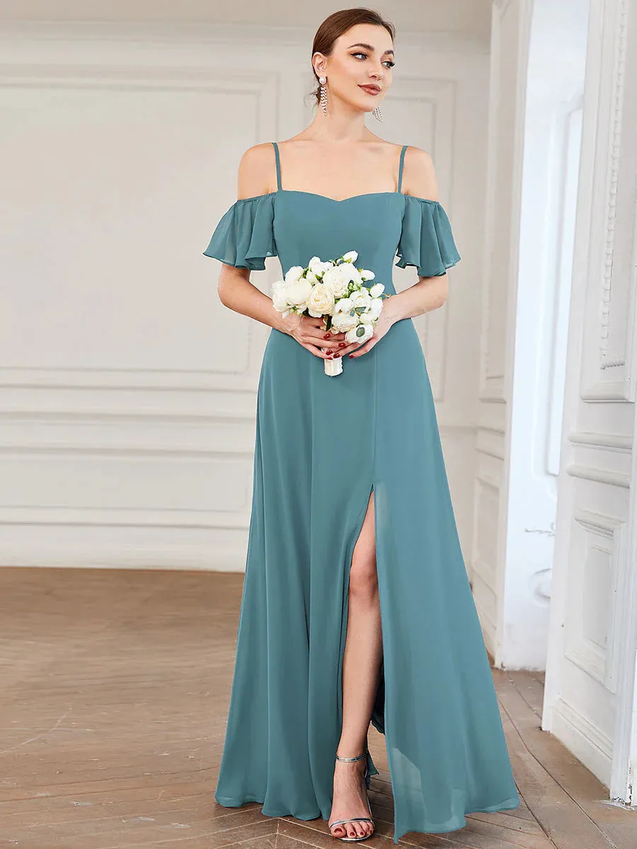 Off-Shoulder Ruffle Sleeve Thigh Slit Bridesmaid Dress