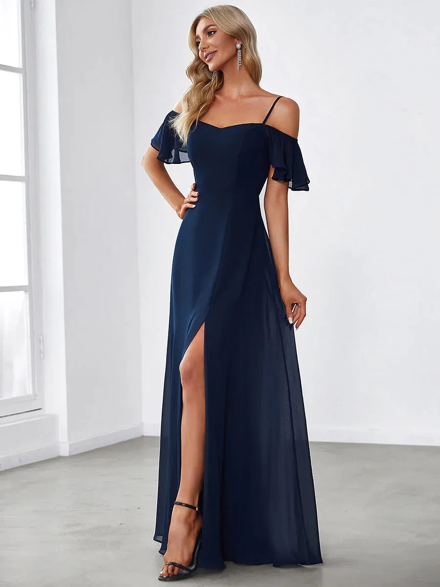 Off-Shoulder Ruffle Sleeve Thigh Slit Bridesmaid Dress