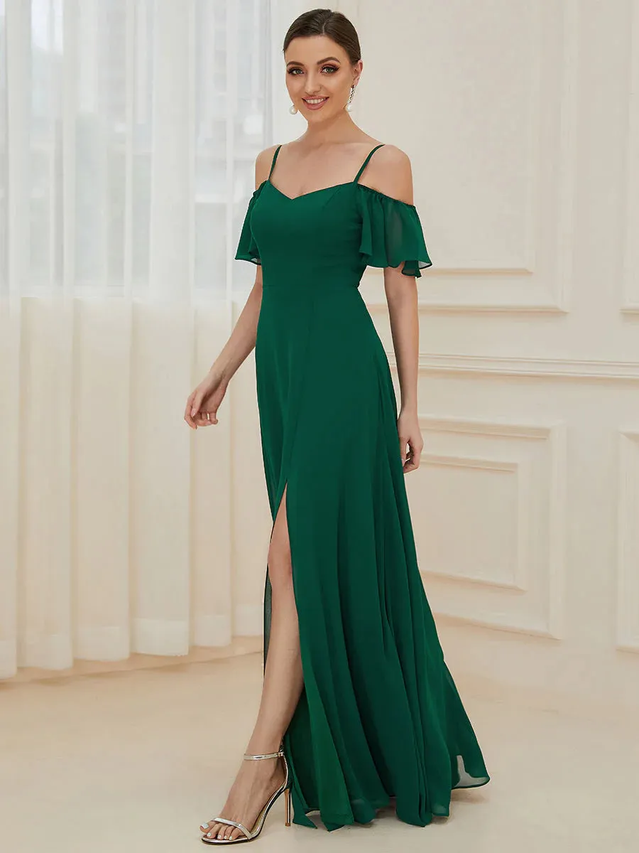 Off-Shoulder Ruffle Sleeve Thigh Slit Bridesmaid Dress