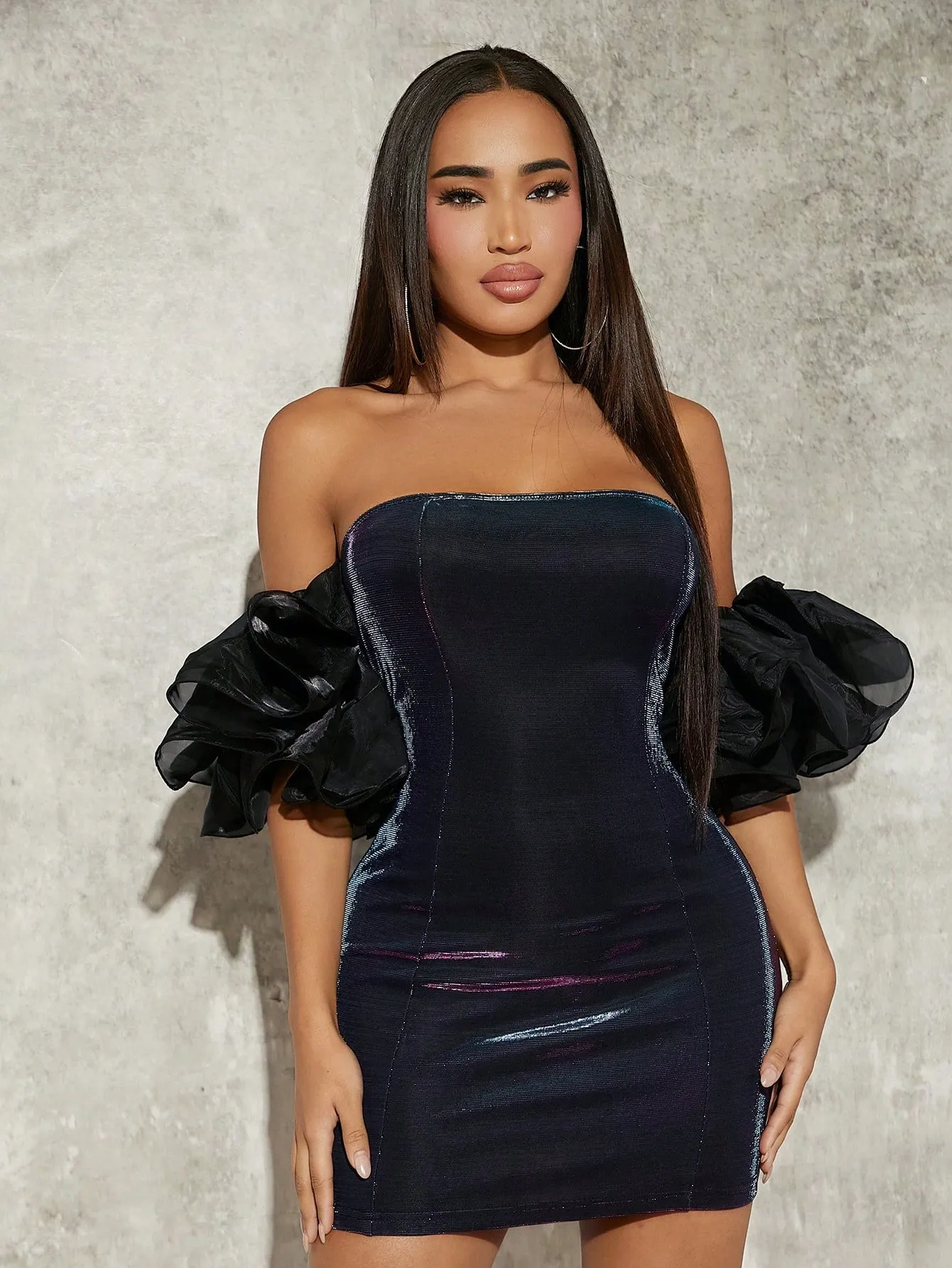 Off The Shoulder Ruffle Trim Metallic Bodycon Dress