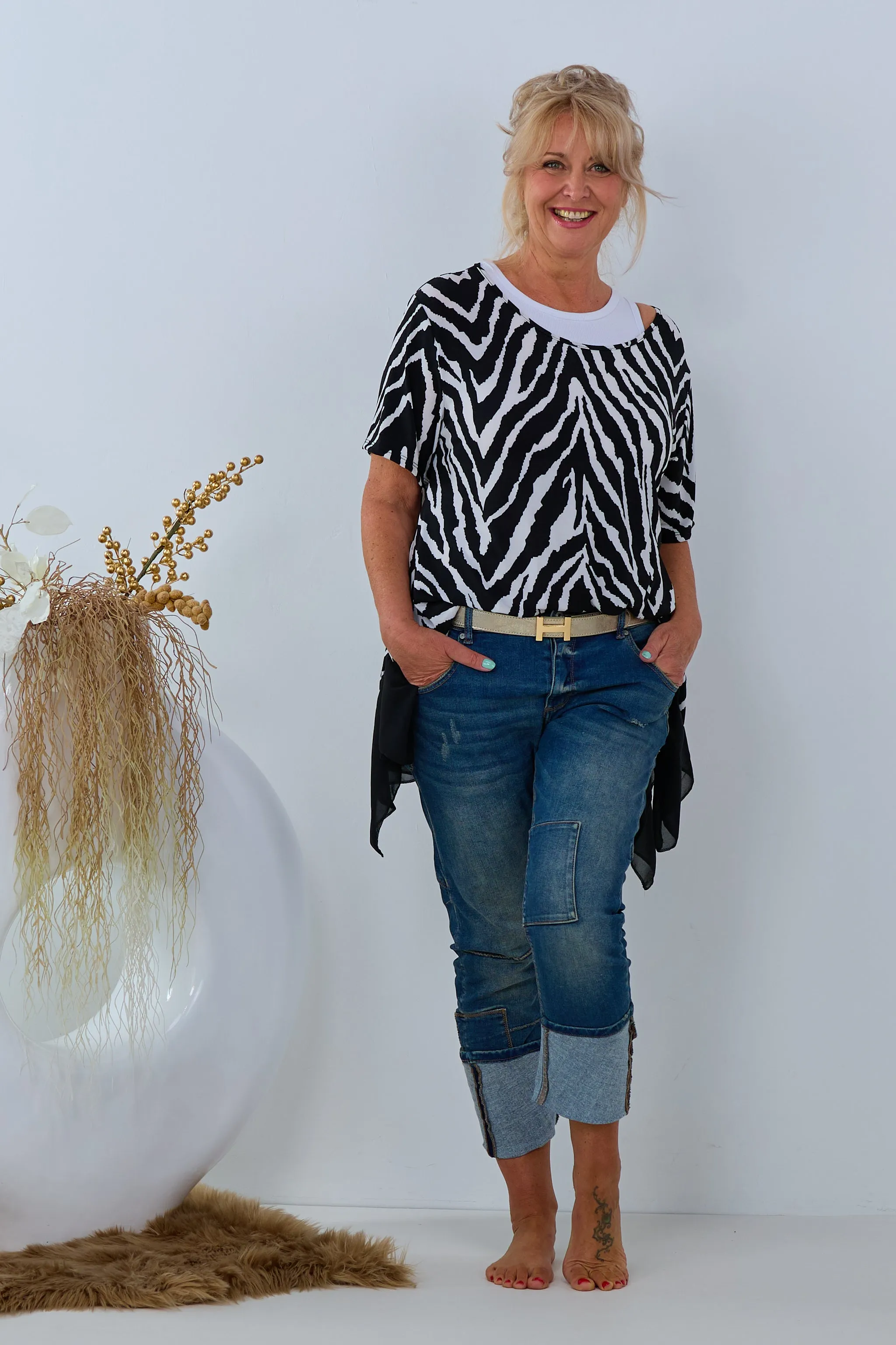 oversized Shirt mit Zebra-Muster und Bluseneinsatz, schwarz-weiß