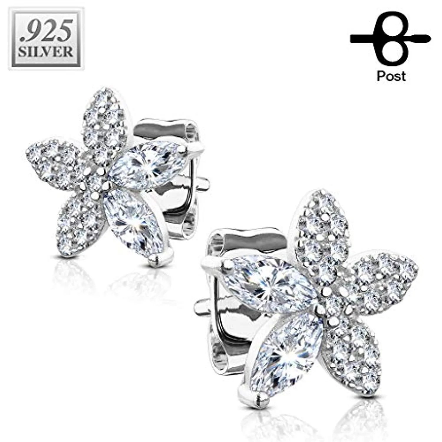 Pair of .925 Sterling Silver Micro CZ Paved and Marquise CZ Flower WildKlass Stud Earrings