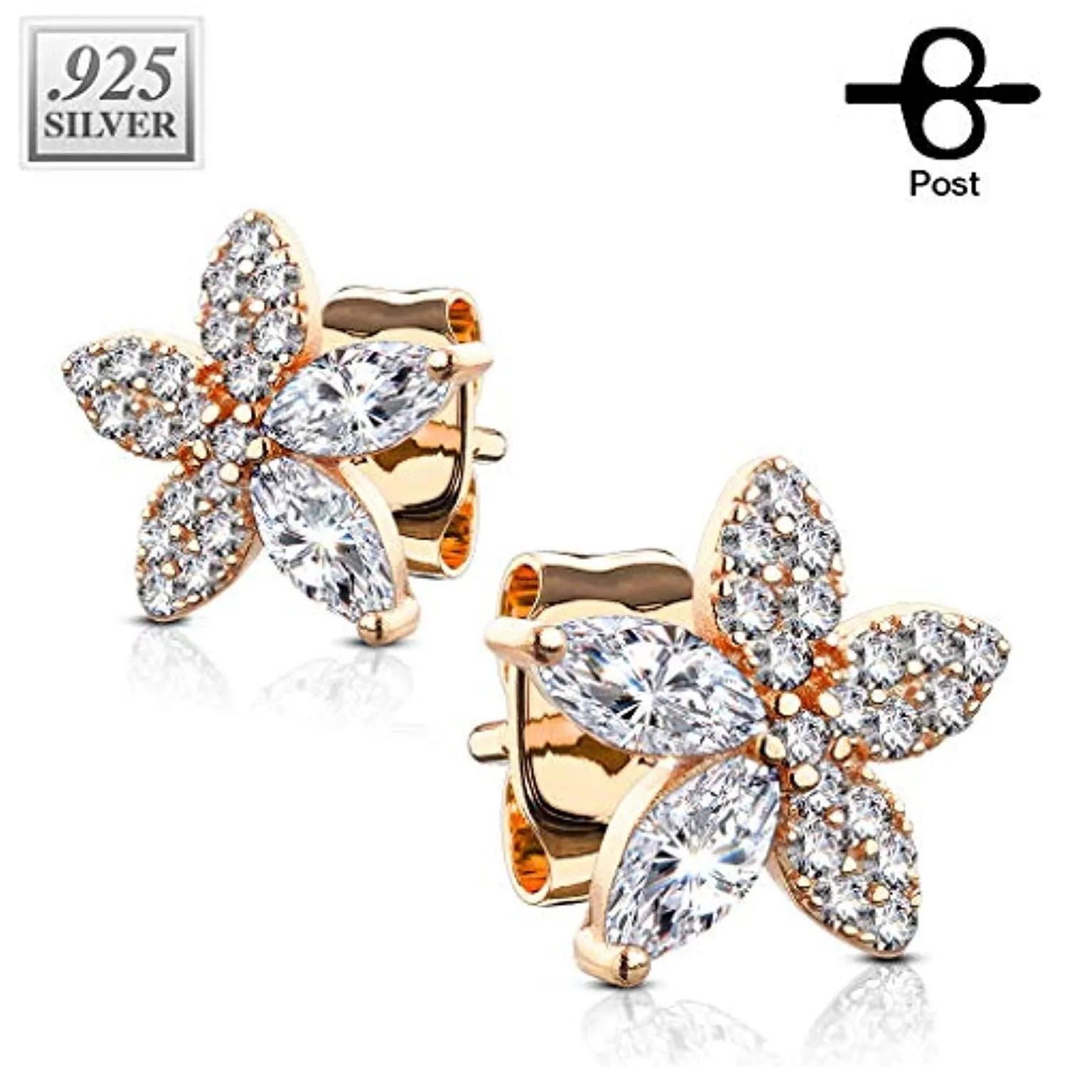 Pair of .925 Sterling Silver Micro CZ Paved and Marquise CZ Flower WildKlass Stud Earrings