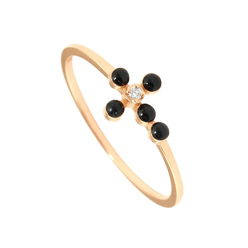 Pearled Cross Diamond Black Ring, Rose Gold, Size 4.75