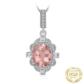 Pink Flower Oval Created Sapphire Pendant - 925 Sterling Silver ( No Chain )