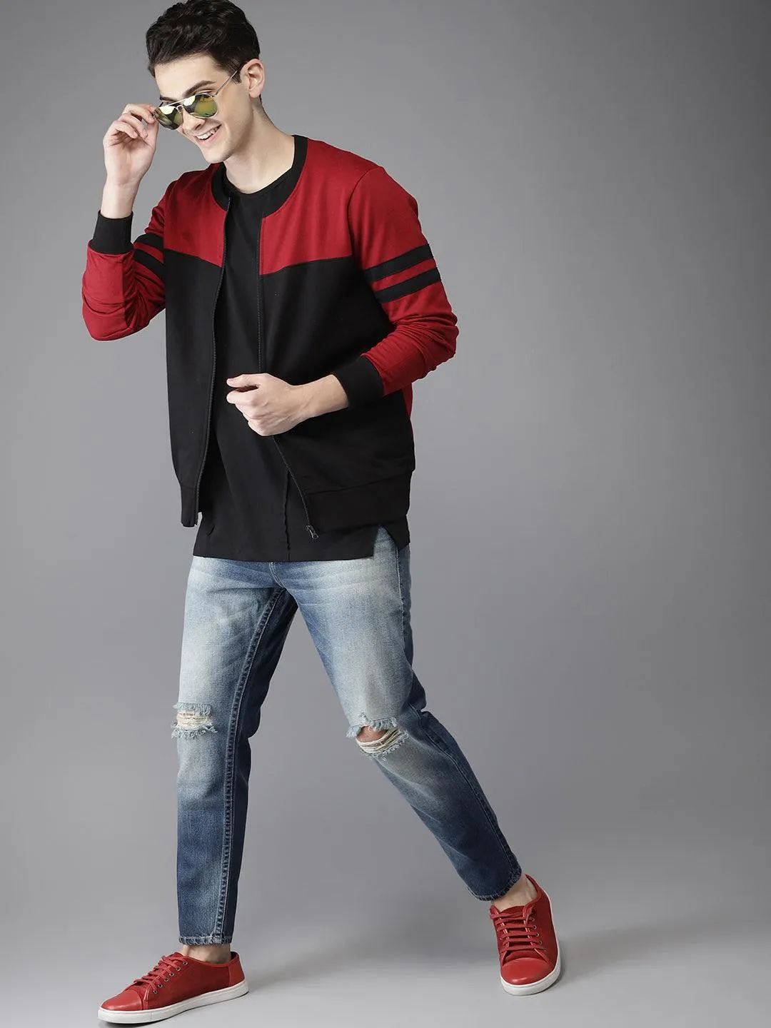 Red Black Striped Colorblock Cardigan