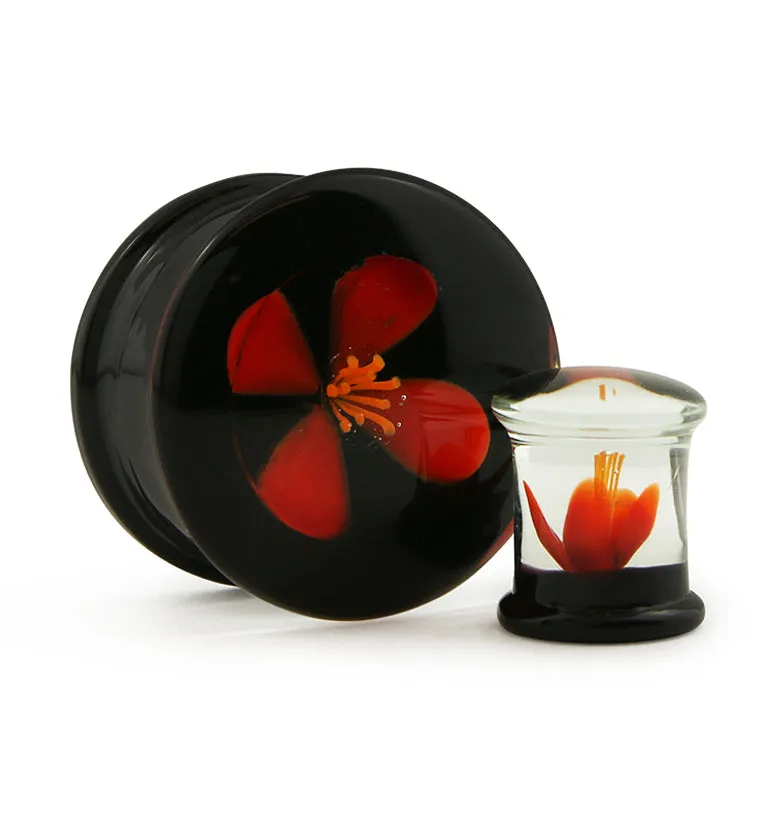 Red Poppy Flower Black Glass Double Flare Plugs