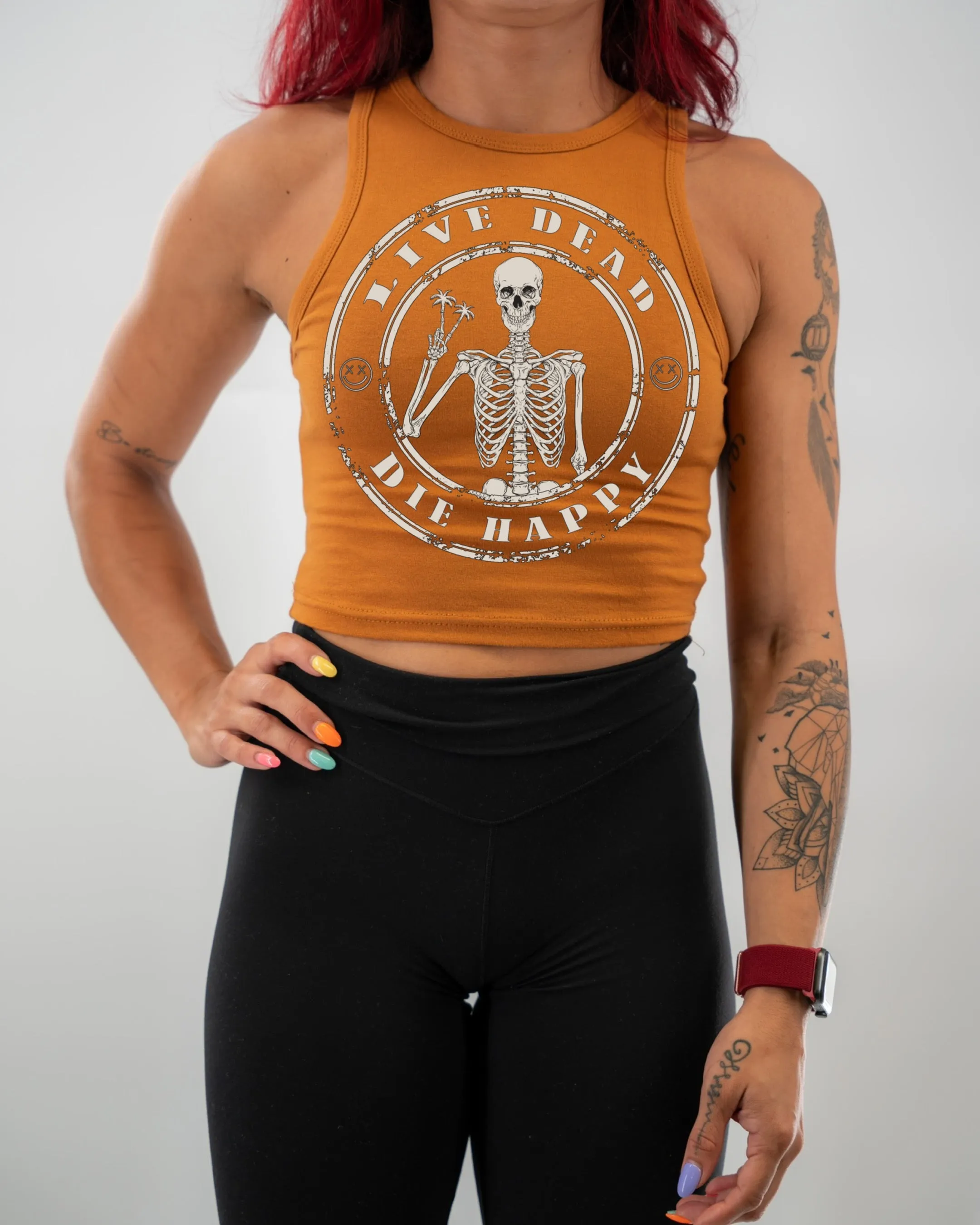 Salty Savage Ladies "Live Dead, Die Happy" High Neck Sleeveless Crop Tank