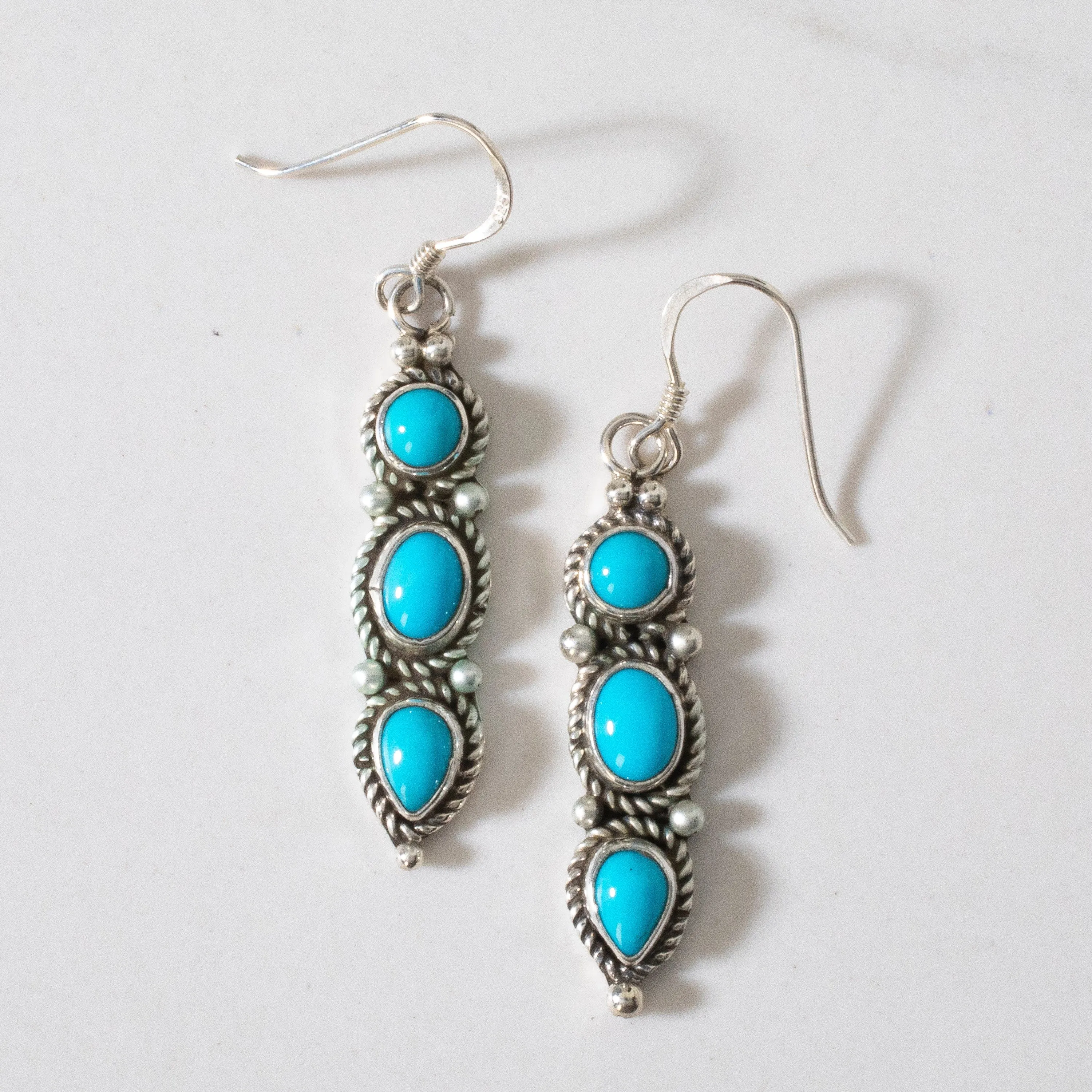 Sleeping Beauty Turquoise Dangle Navajo USA Native American Made 925 Sterling Silver Earrings with French Hook