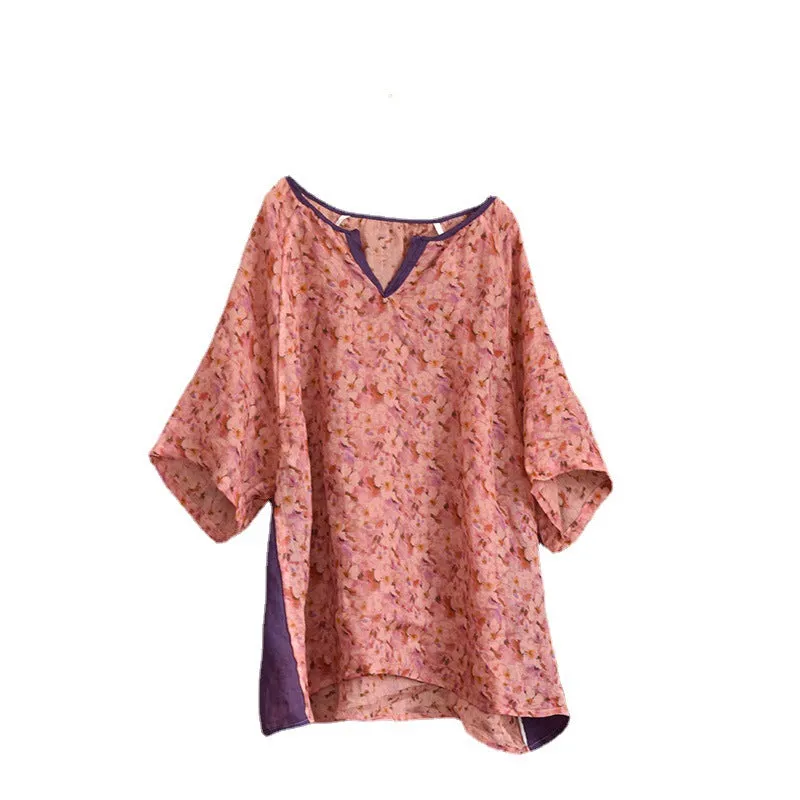 Summer Retro Floral Print Linen Loose Blouse