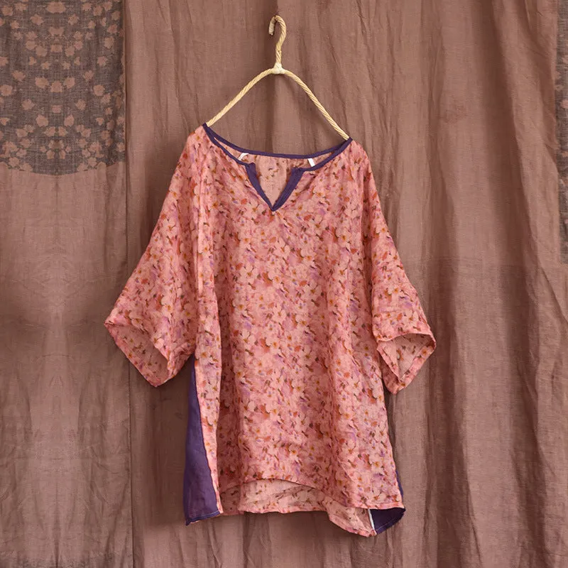 Summer Retro Floral Print Linen Loose Blouse