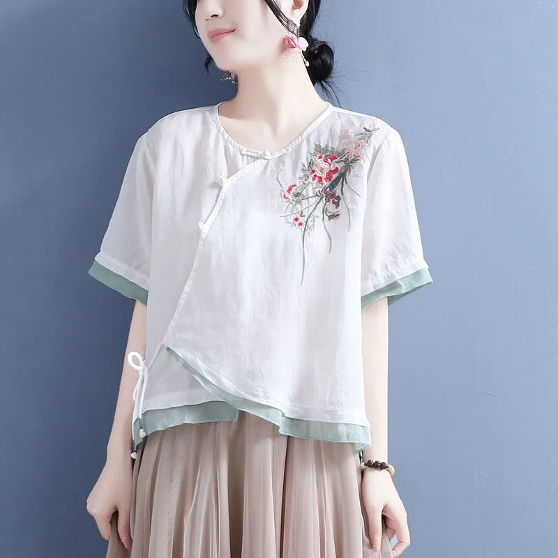 Summer Vintage Floral Embroirdery Skew Linen Blouse