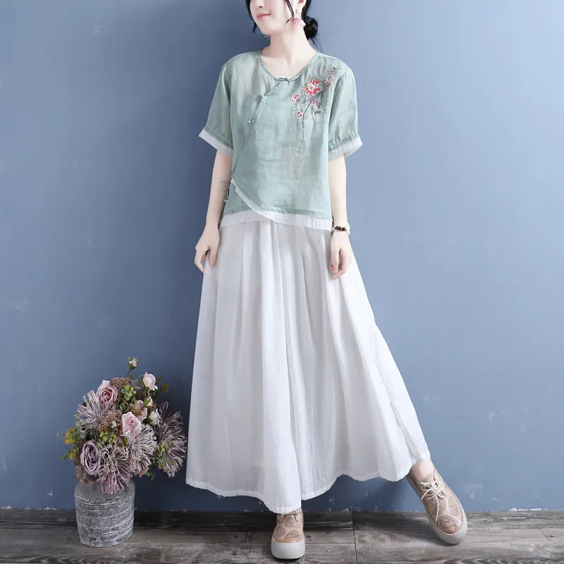 Summer Vintage Floral Embroirdery Skew Linen Blouse