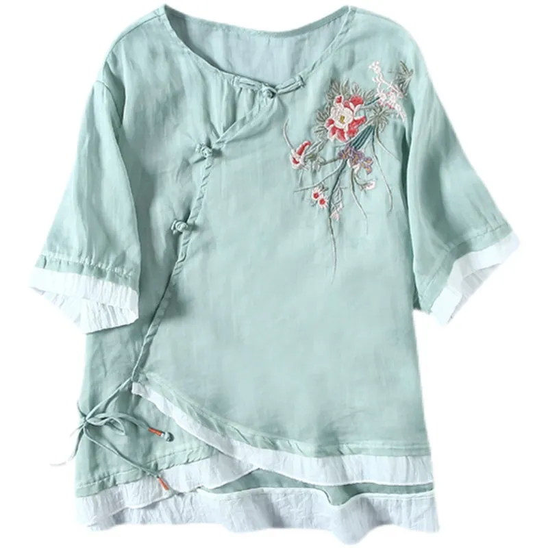 Summer Vintage Floral Embroirdery Skew Linen Blouse