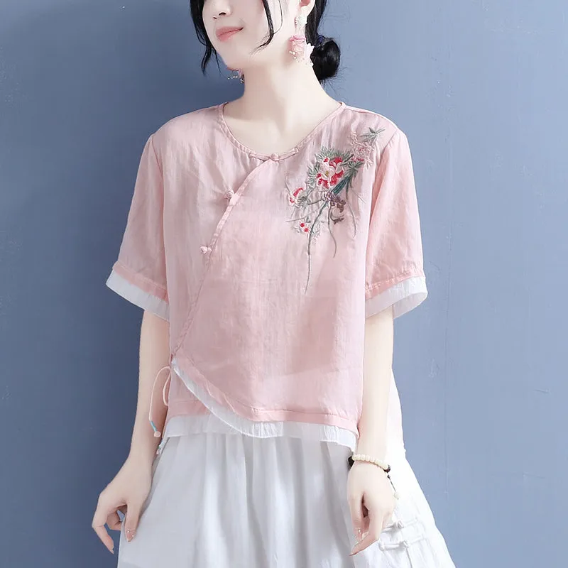 Summer Vintage Floral Embroirdery Skew Linen Blouse