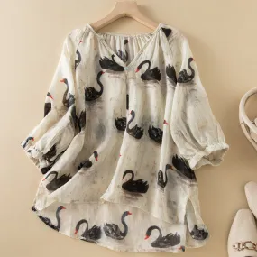 Summer Women Retro Swan Printed Thin Linen Blouse