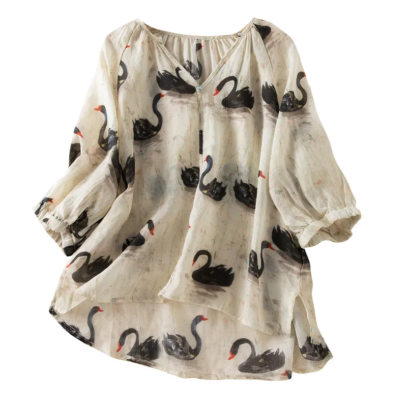 Summer Women Retro Swan Printed Thin Linen Blouse