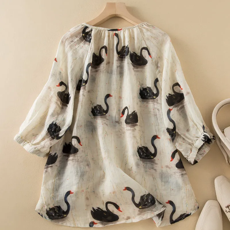 Summer Women Retro Swan Printed Thin Linen Blouse