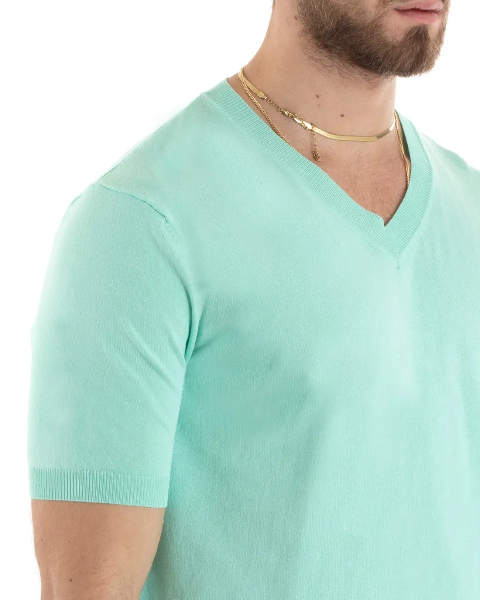 T-shirt Uomo Filo Manica Corta Tinta Unita Verde Acqua Scollo a V Casual GIOSAL-TS2866A