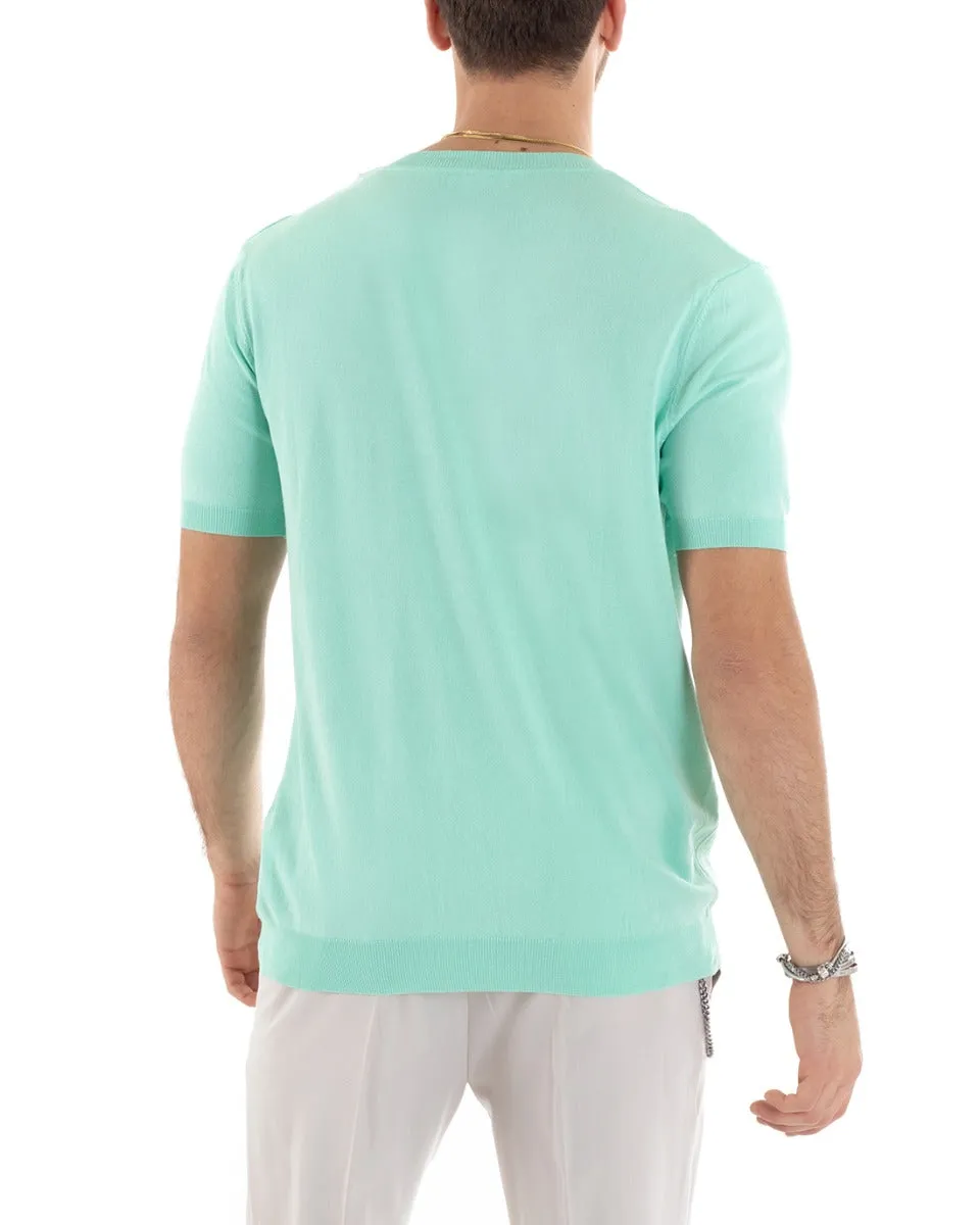 T-shirt Uomo Filo Manica Corta Tinta Unita Verde Acqua Scollo a V Casual GIOSAL-TS2866A