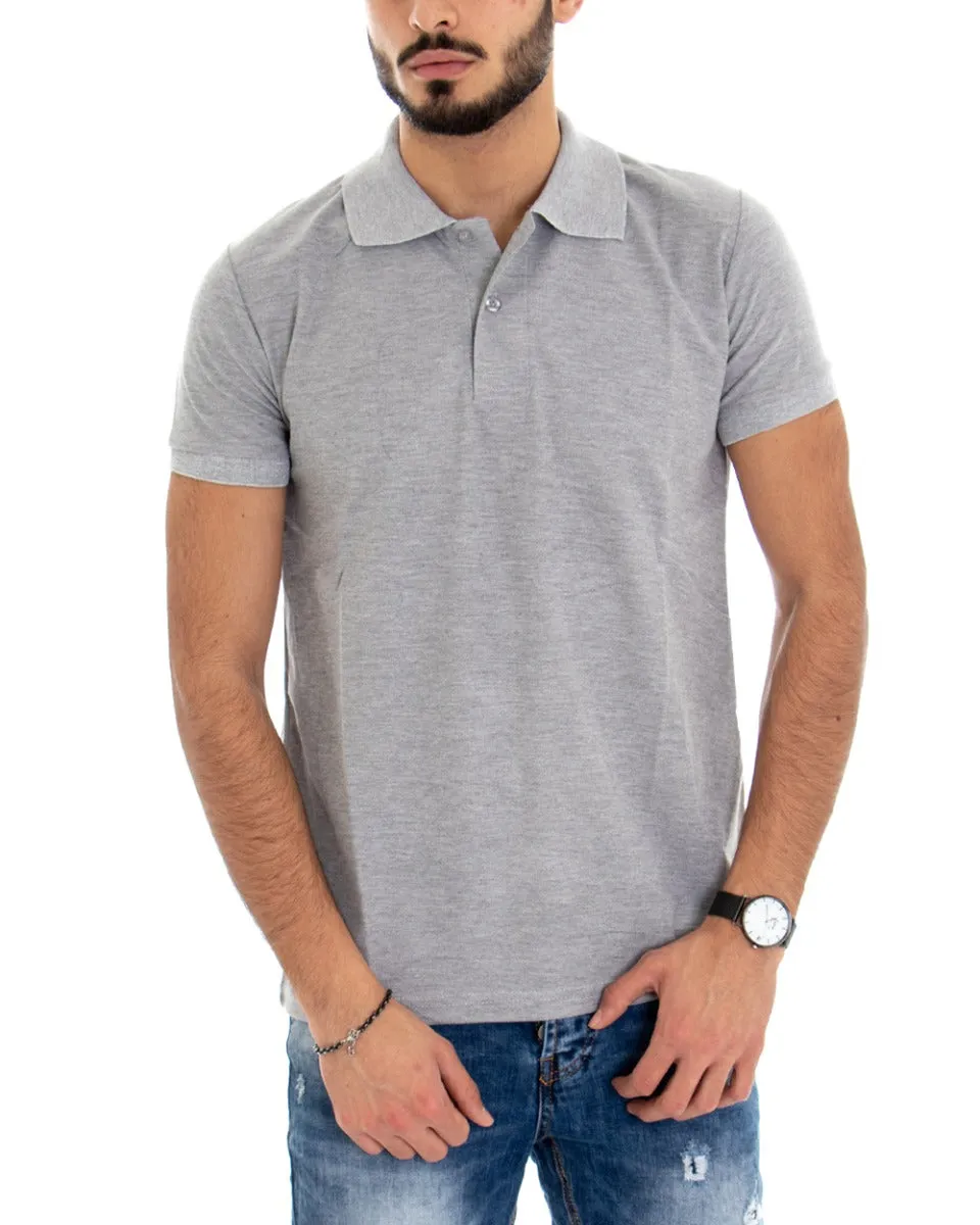 T-shirt Uomo Polo Tinta Unita Grigio Manica Corta Colletto Bottoncini Basic Casual GIOSAL-TS2973A