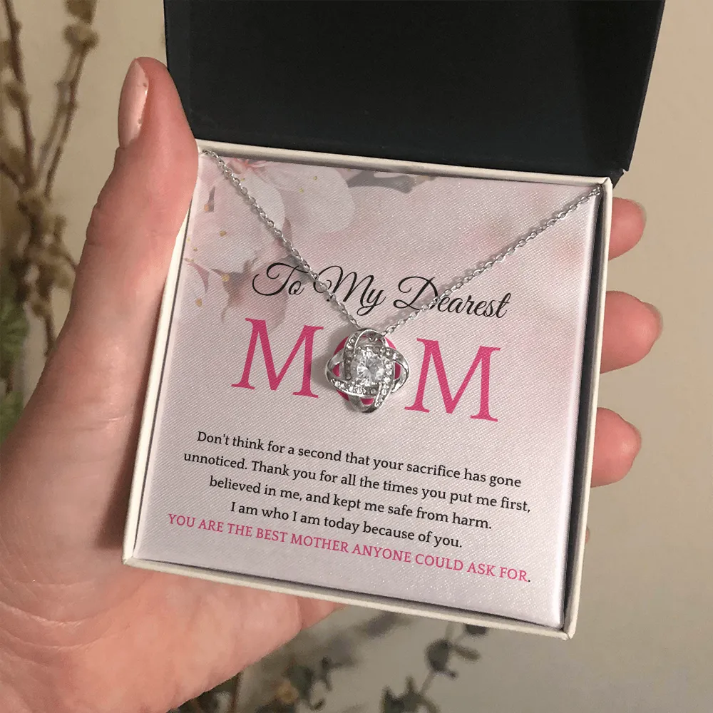 Thank You to My Dearest Mom Elegant Center CZ Love Knot Pendant Necklace