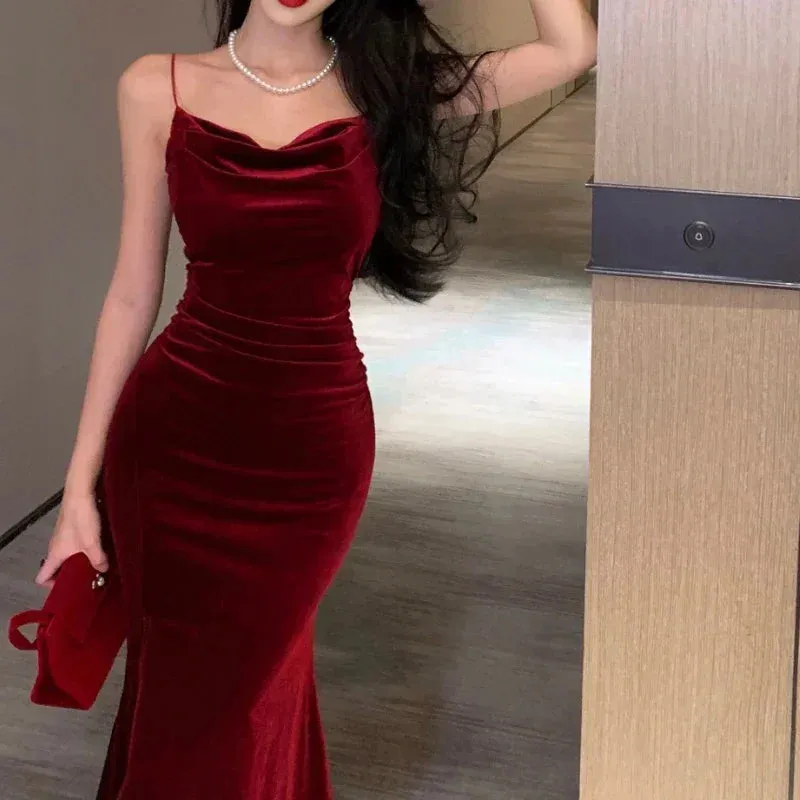 Vintage Sexy Club Prom Red Dresses for Women Spaghetti Strap Slit Velvet Dress Beach Bandage Bodycon Midi Dress Party Elegant