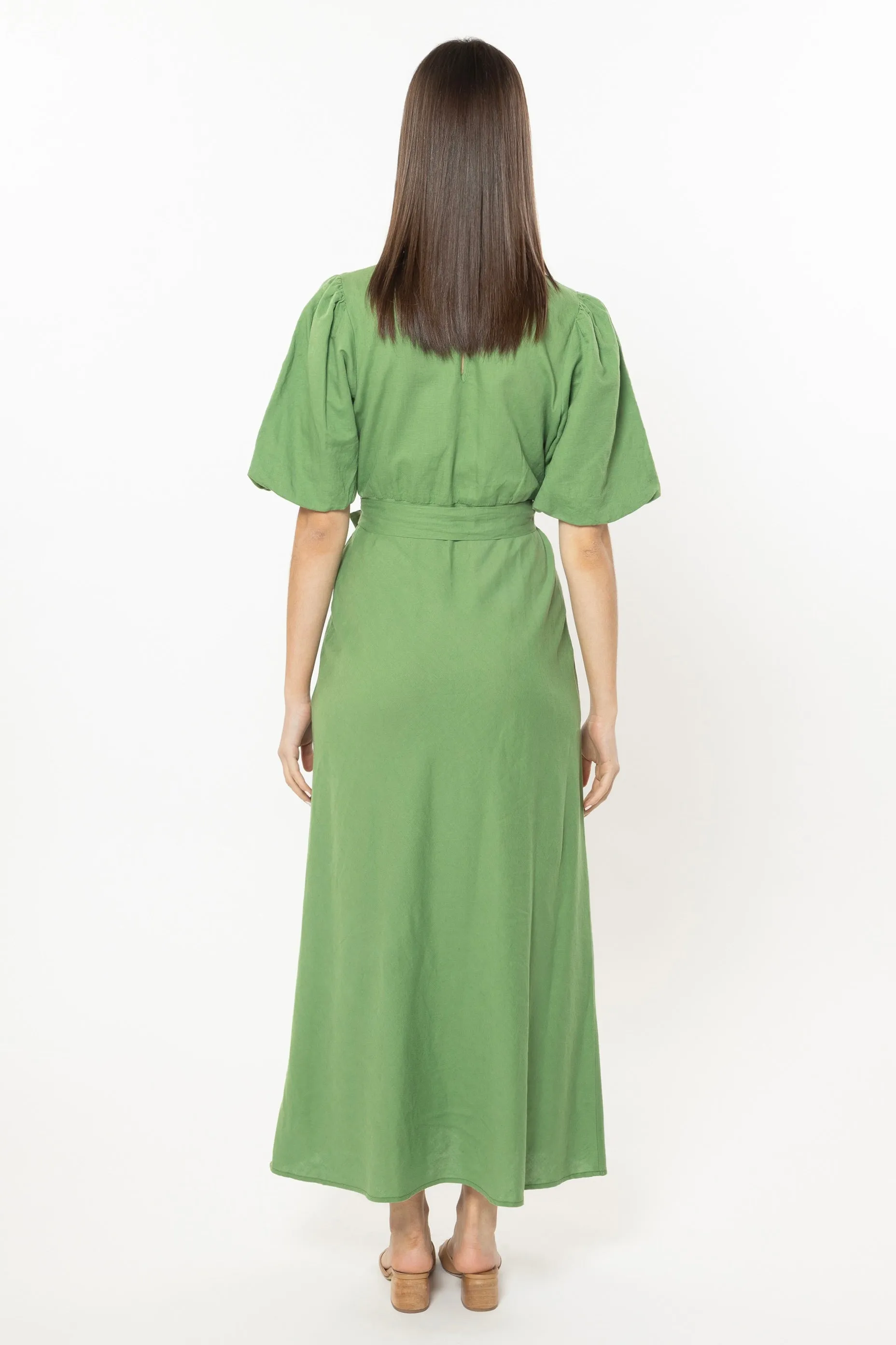 Whimsical Leaf Linen Cotton LS Tiered Maxi Dress