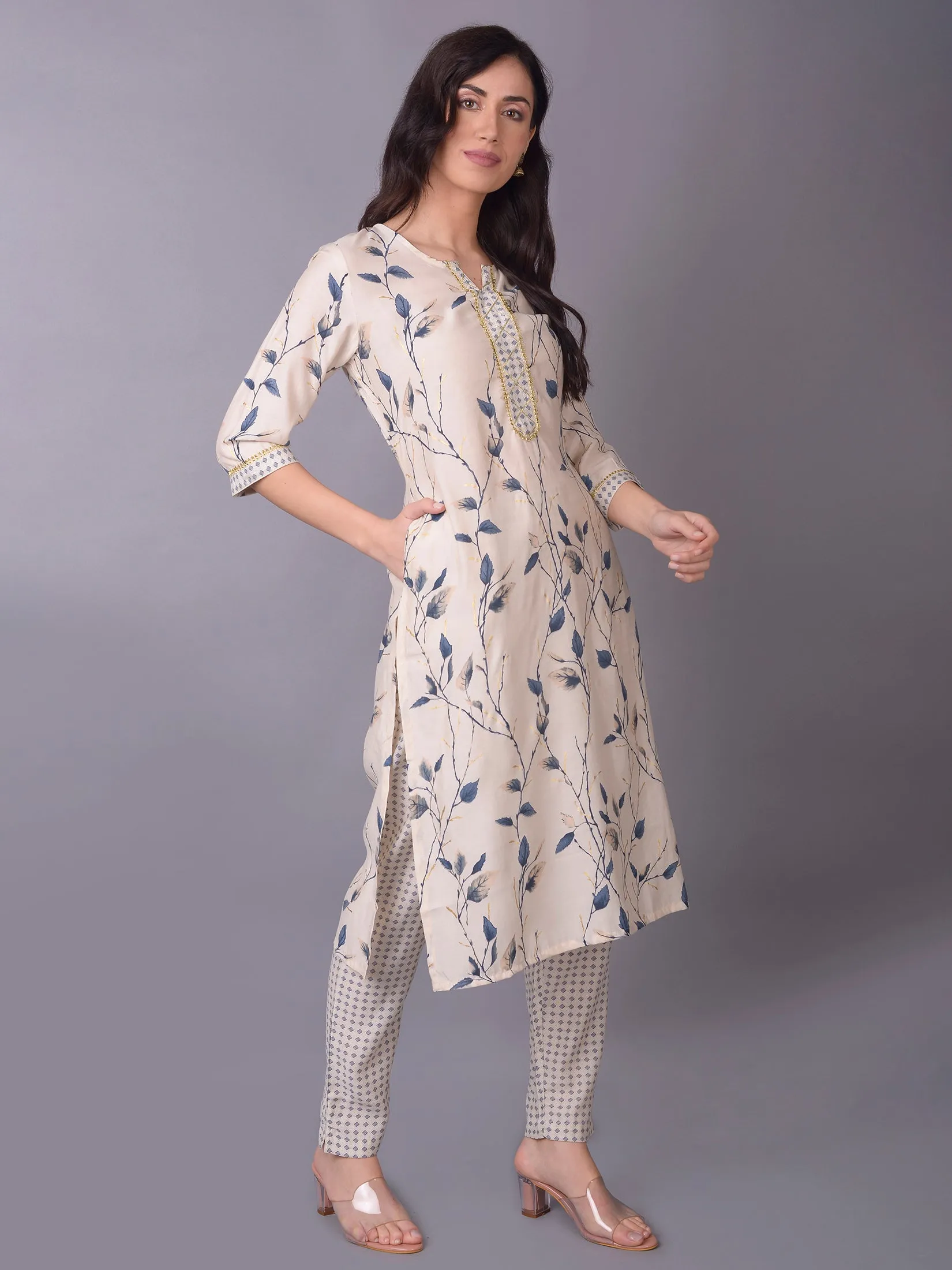 Winter Wear - Women Off White Floral Printed Kurta Trouser Dupatta